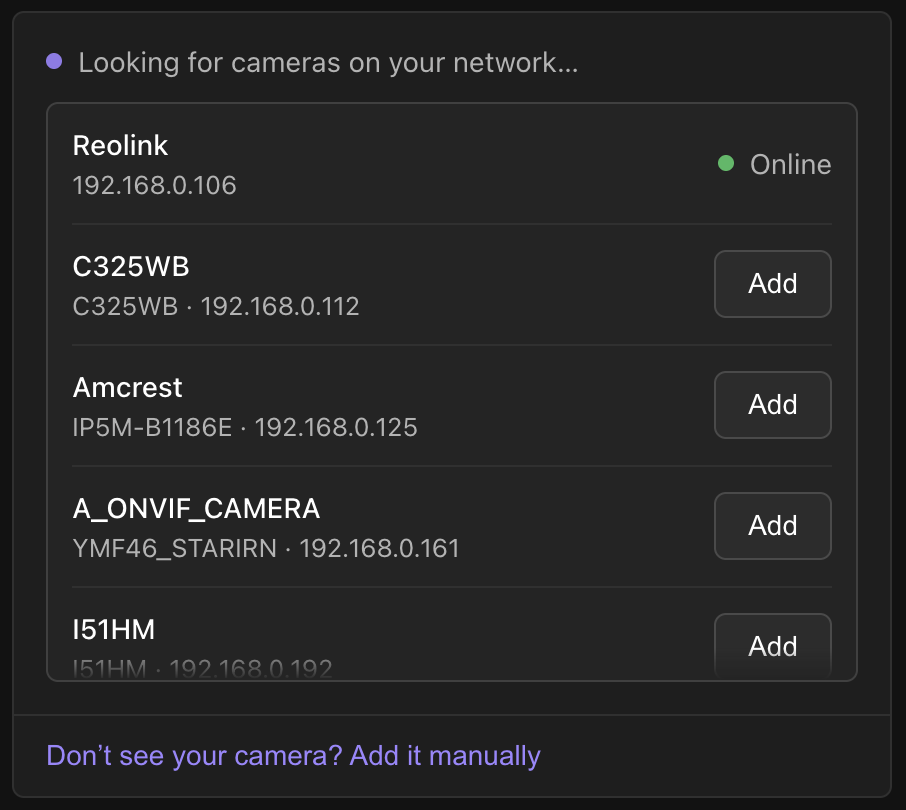 Murlet's discovery panel, headed "Looking for cameras on your network...", listing five cameras found on the network with their model and IP address; the first is marked Online and the other four each have an Add button