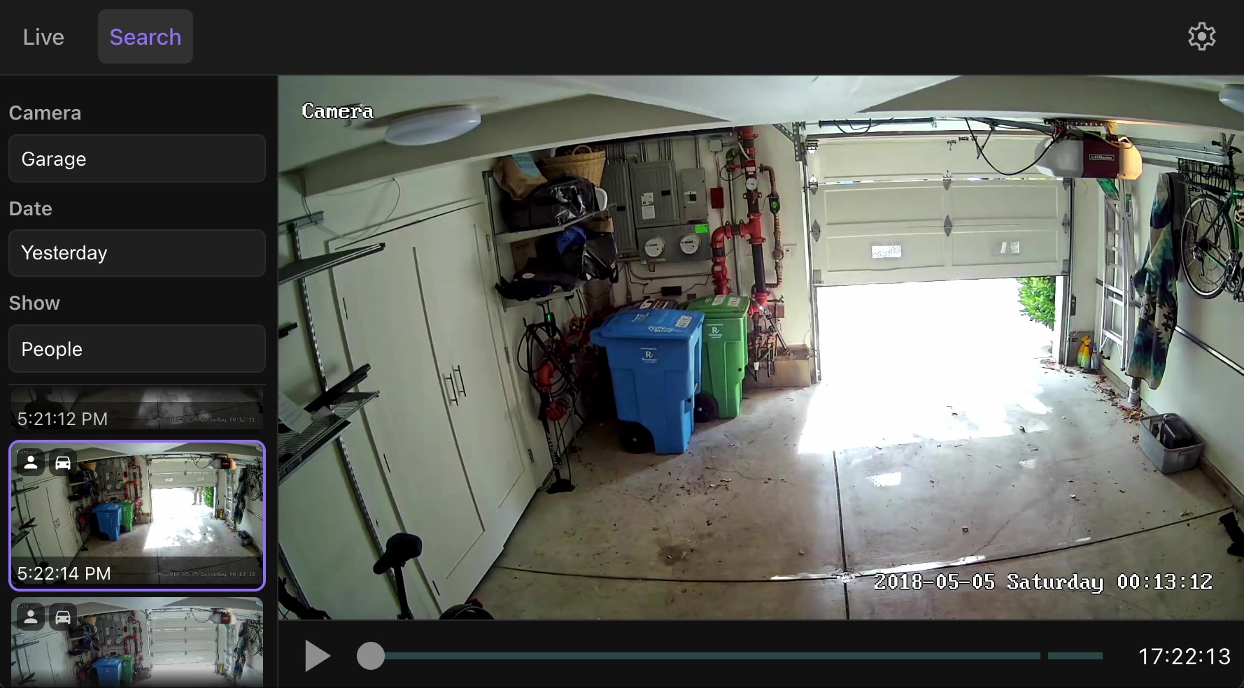 The Murlet app searching a garage camera's recordings for people, with detected events listed beside the footage